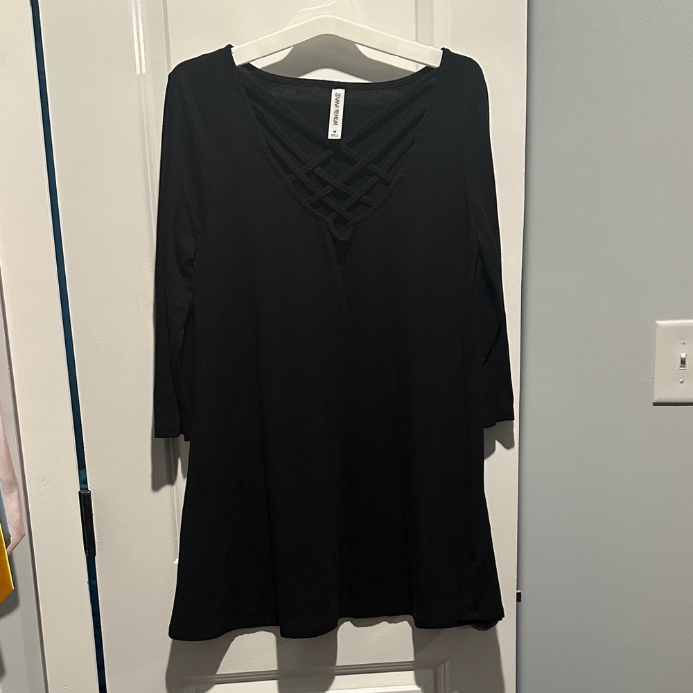 ZENANA Black Tunic Top with Lattice Neckline